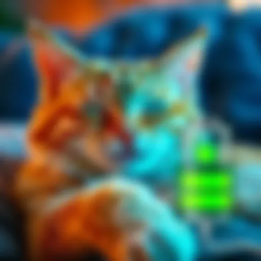 A cozy cat purring while a battery icon is shown nearby, suggesting a playful connection between cat purrs and charging devices.