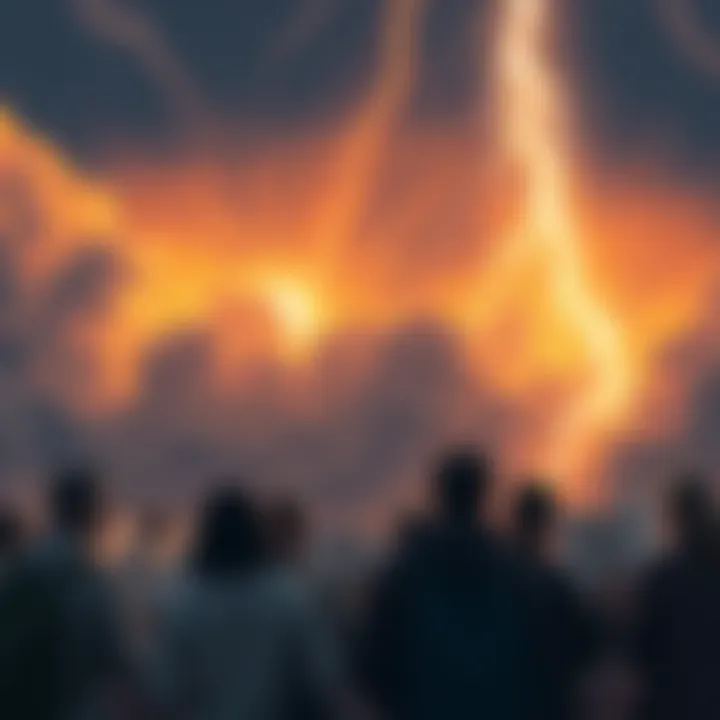 A dramatic depiction of a cataclysmic event, showing dark clouds and lightning in the sky, with people looking worried as they read news articles, highlighting the shocking details of the leak.