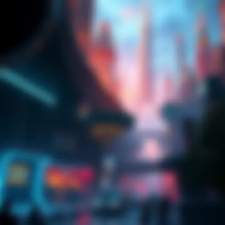 City of Catherion A vibrant upper city with tall buildings and advanced technology, contrasting with a dark underground area where outcasts gather in community.