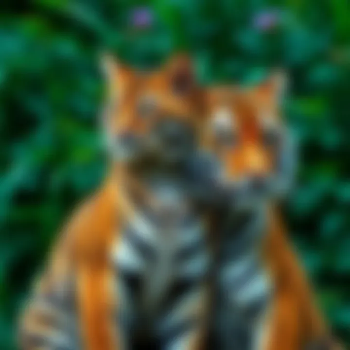 A side-by-side comparison of a domestic cat and a tiger, highlighting their unique features and traits in The Neath environment, surrounded by lush greenery.