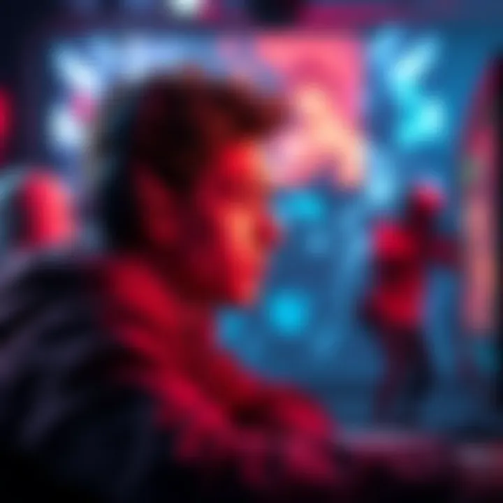 Player questioning cheating in Red vs. Blue A gamer with a focused expression looks at the screen, analyzing gameplay footage for signs of cheating, surrounded by game-related visuals.