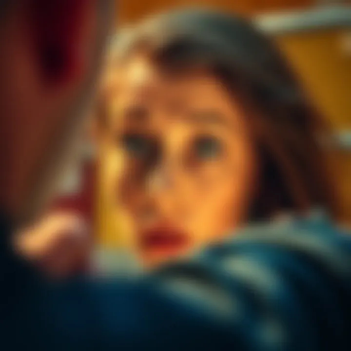 A surprised person looking wide-eyed as someone approaches unexpectedly, capturing the moment of being caught in a compromising situation.