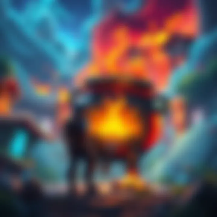 A character in a game facing a cauldron, deciding the right time to engage it, set against a vibrant game landscape.