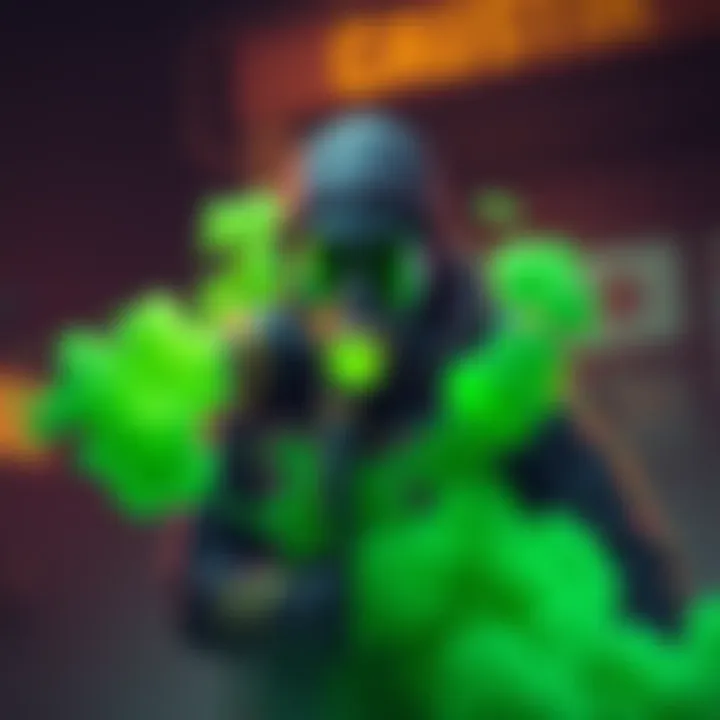 An illustration of Caustic, a character with a gas mask, surrounded by green gas, showcasing the upcoming buff effects in a game setting