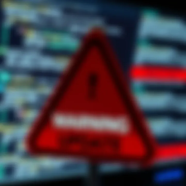 A caution sign with an exclamation mark, symbolizing danger from a software update, with a background of a computer screen displaying warning messages.