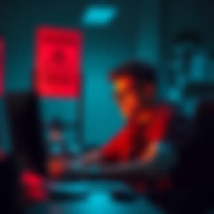 A person sitting at a computer looking worried while reading a forum, with a warning sign in view, symbolizing the risks of sharing sensitive information online.