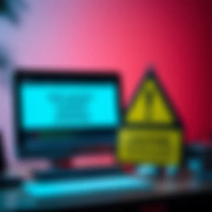 A caution sign next to a computer screen showing a warning about accepting hacked invites