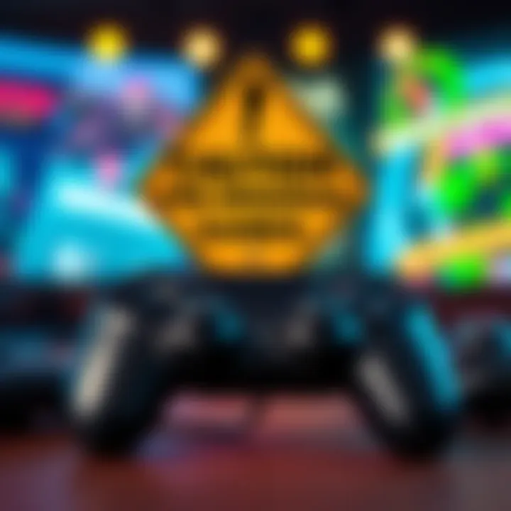 A caution sign with a game controller in the background, warning about the risks of pre-ordering games.