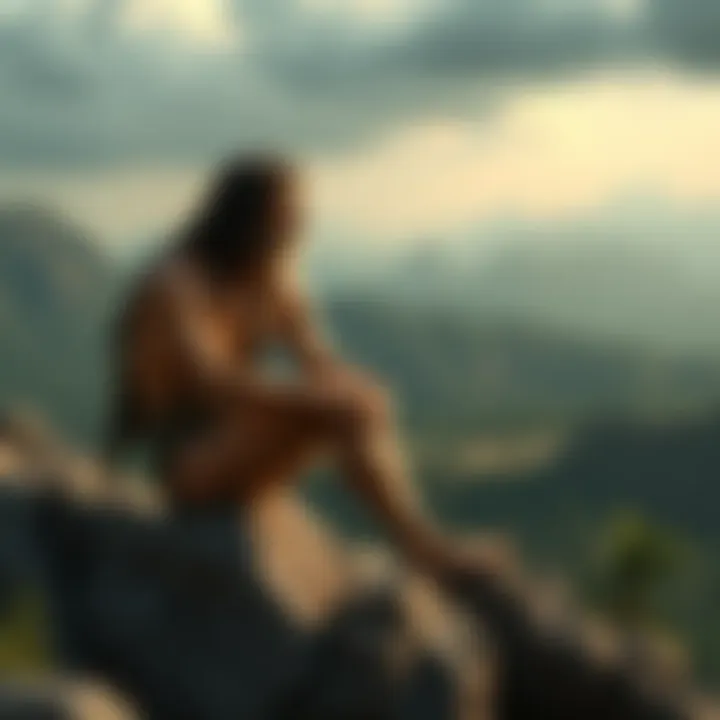 A caveman sitting on a rock with a worried expression, looking out into a vast prehistoric landscape, symbolizing a plea for assistance that spans ages.
