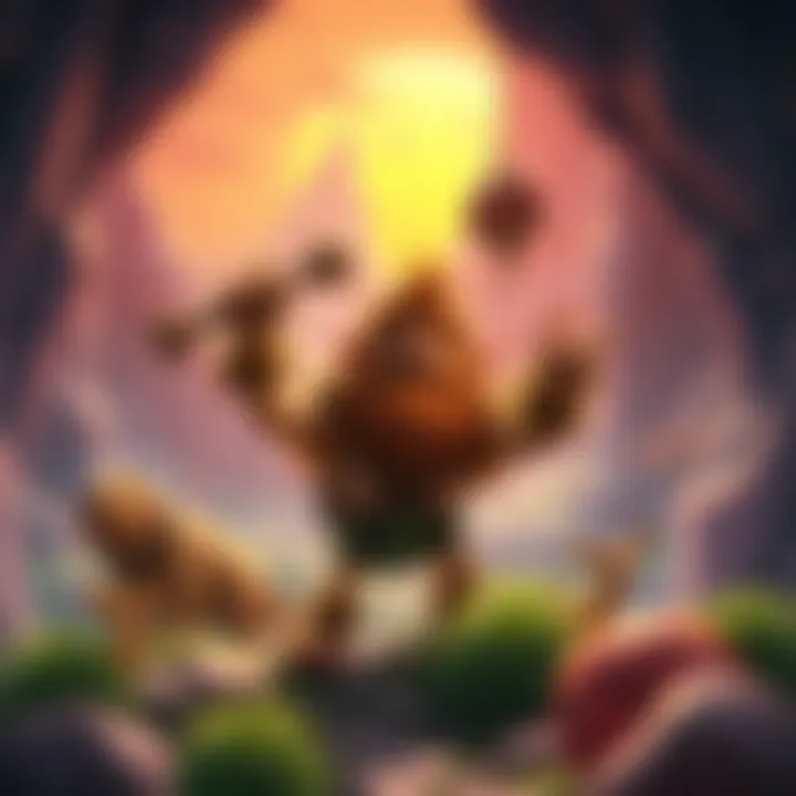 A caveman character engaging in fun activities in a prehistoric setting of Unga Boonga, filled with colorful landscapes and quirky elements.
