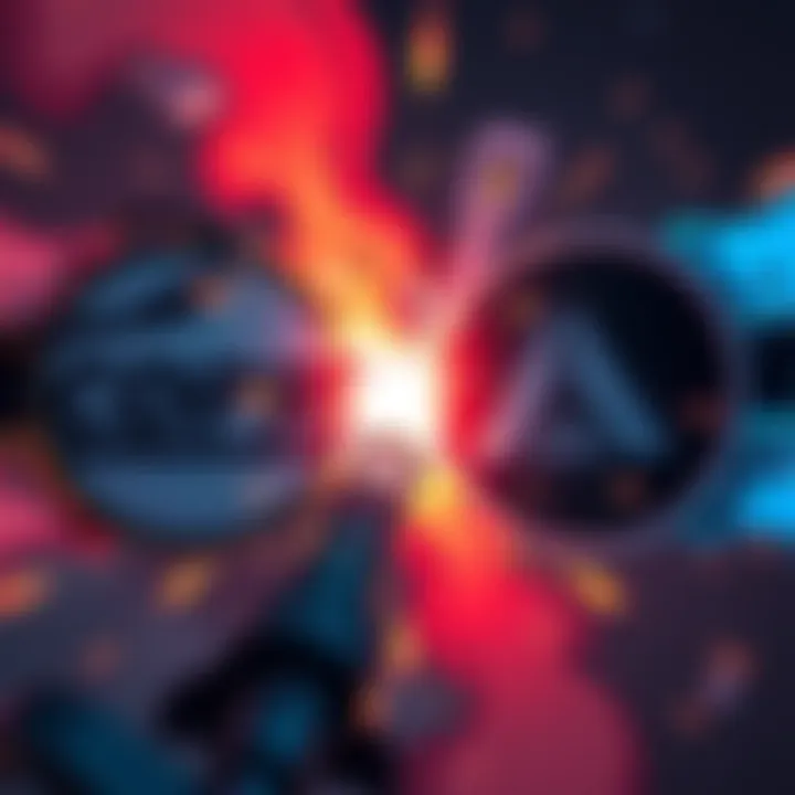 A digital illustration of two gaming companies' logos clashing in a heated debate about ethics in game development.