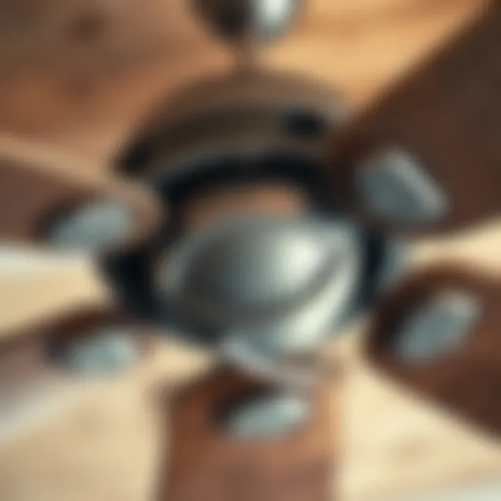 A close-up view of a ceiling fan with dust and visible damage on the blades