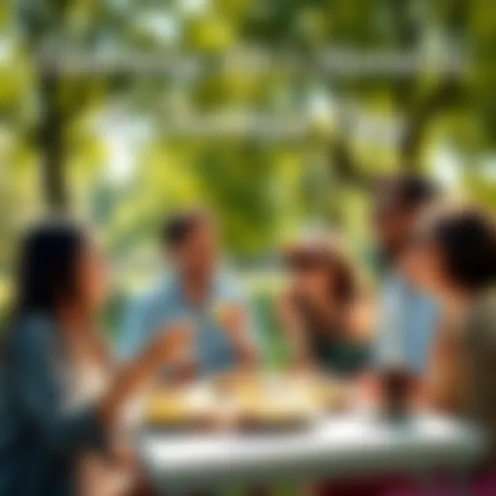 A group of friends enjoying a sunny day outdoors, laughing and sharing food in a park.