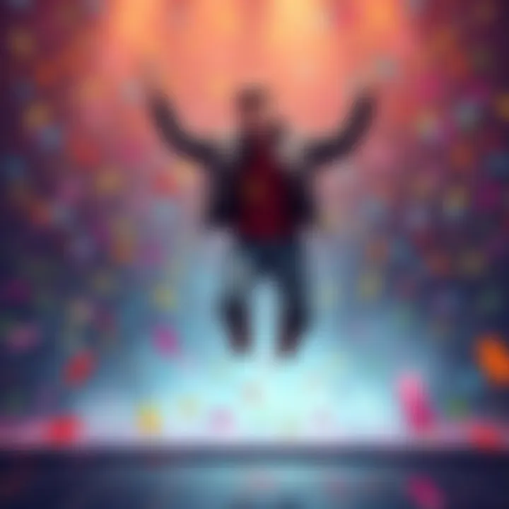 A person jumping in excitement, symbolizing a level up in gaming from level 28 to level 40, with colorful confetti in the background.
