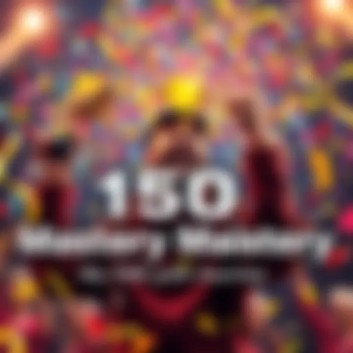 Person celebrating their 150th mastery with a trophy and confetti around them