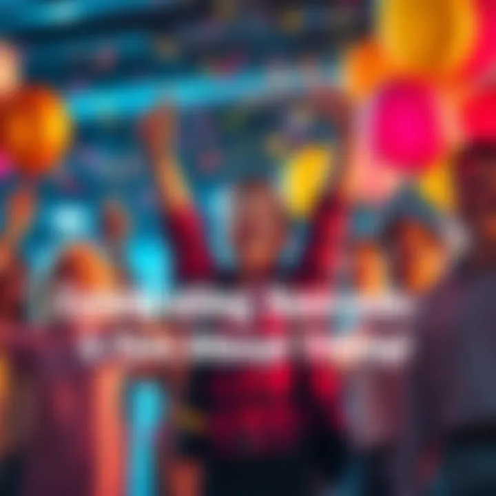 A person joyfully celebrating their first big achievement with friends and family, surrounded by balloons and confetti.