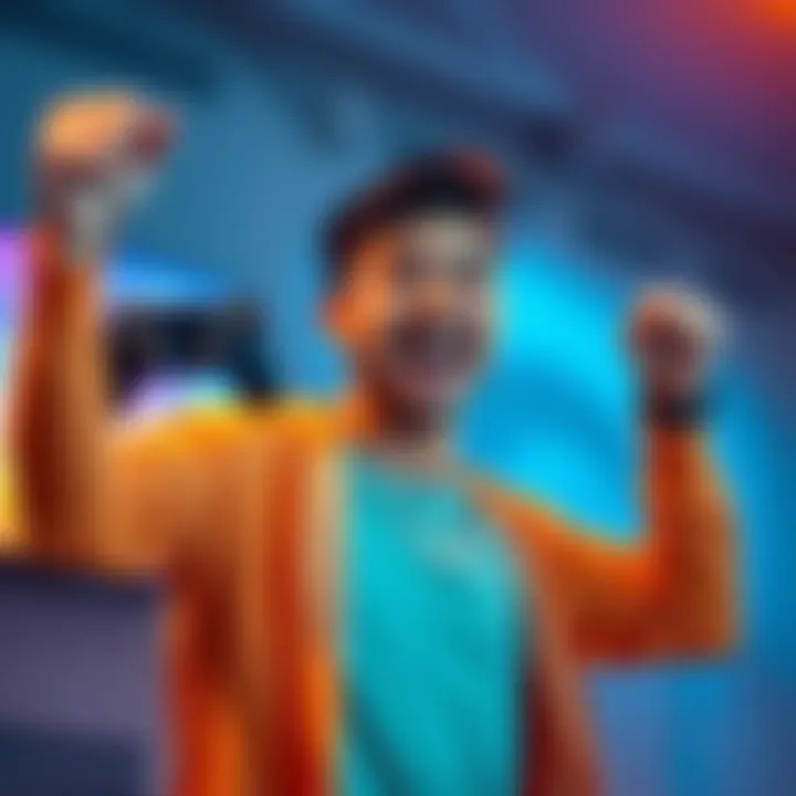 Person joyfully celebrating their first 100% completion in a video game with a big smile, holding a controller in one hand and raising a fist in the air.