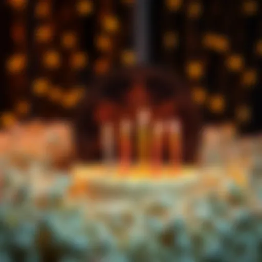 A film reel surrounded by popcorn and a birthday cake with candles for a 10-year anniversary celebration