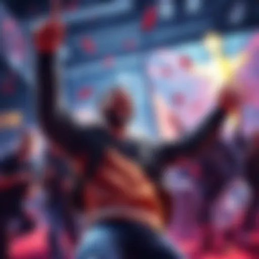 A gamer joyfully celebrating reaching P100 with their favorite character in a game, surrounded by visual elements representing bloodpoints and excitement.