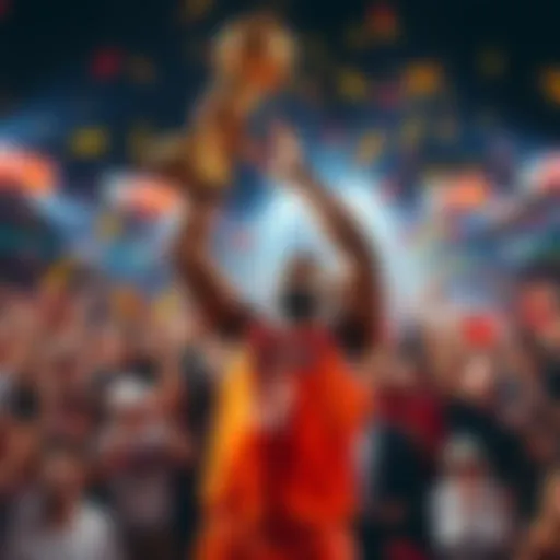 A sports star triumphantly holding a trophy, surrounded by cheering fans, showcasing his latest achievement.