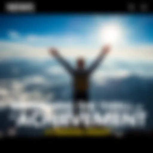 A person joyfully raising their arms in celebration on a mountain top after reaching a goal.
