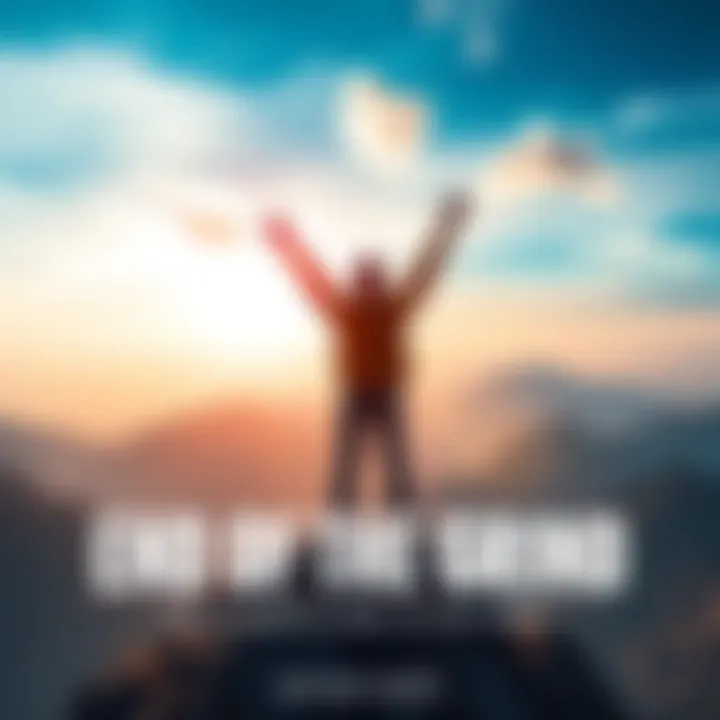 Celebrating Achievements A person stands triumphantly on a mountain peak, arms raised in victory, symbolizing the end of a journey and looking forward to future goals.