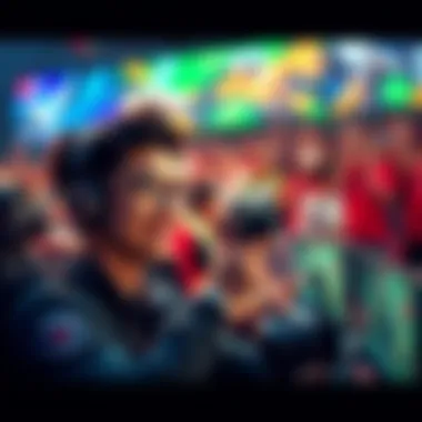 A person smiling while casting a Dota game, with a colorful backdrop of gaming elements and a crowd of fans cheering in the background.