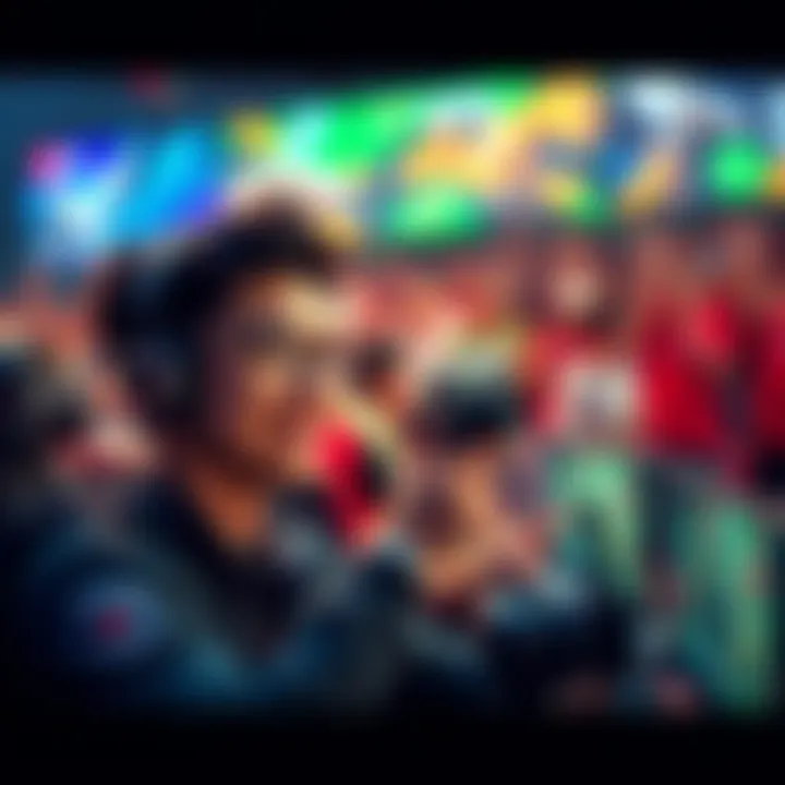 A person smiling while casting a Dota game, with a colorful backdrop of gaming elements and a crowd of fans cheering in the background.
