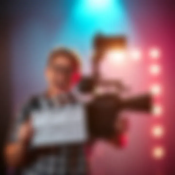 Celebrating Film Completion A filmmaker holding a clapperboard in front of a video camera, smiling with excitement after finishing a short film.