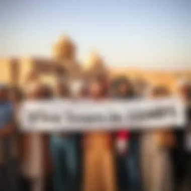 A group of people celebrating the fifth anniversary of a project in Yemen, smiling and holding banners. The background shows traditional Yemeni architecture and desert scenery.