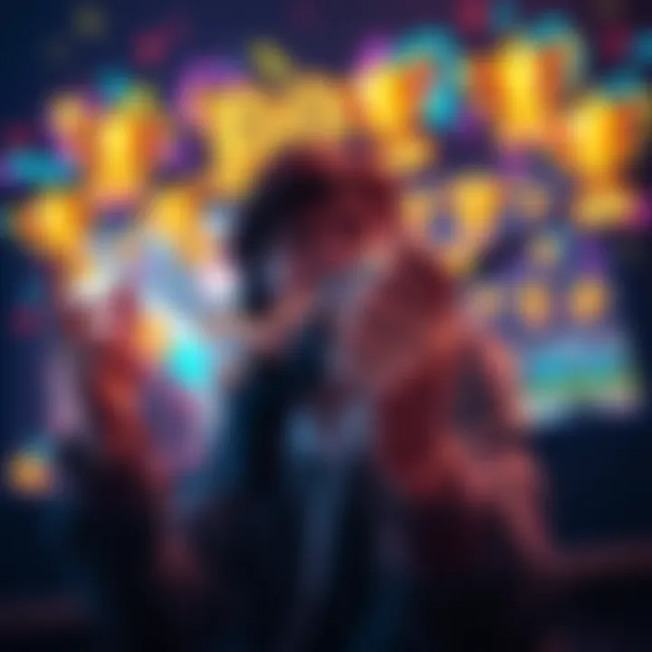 A gamer excitedly holds a controller, surrounded by game trophies and achievements on screen, showing a sense of accomplishment.