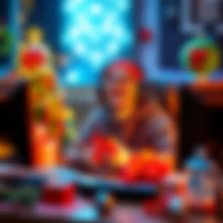 A joyful gamer celebrating a milestone during the Christmas season, surrounded by festive decorations and a gaming setup.