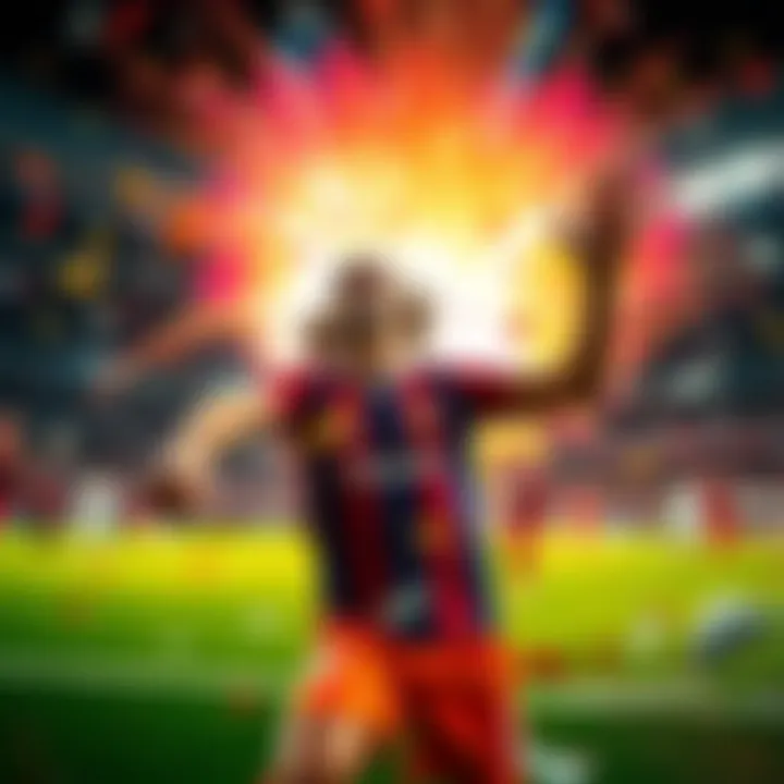 A player joyfully celebrating a goal explosion with fireworks and confetti around