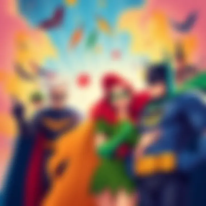 A vibrant illustration of famous duos from pop culture, showcasing their friendship and teamwork, including characters like Batman and Robin, and classic pairs like Lucy and Ethel.