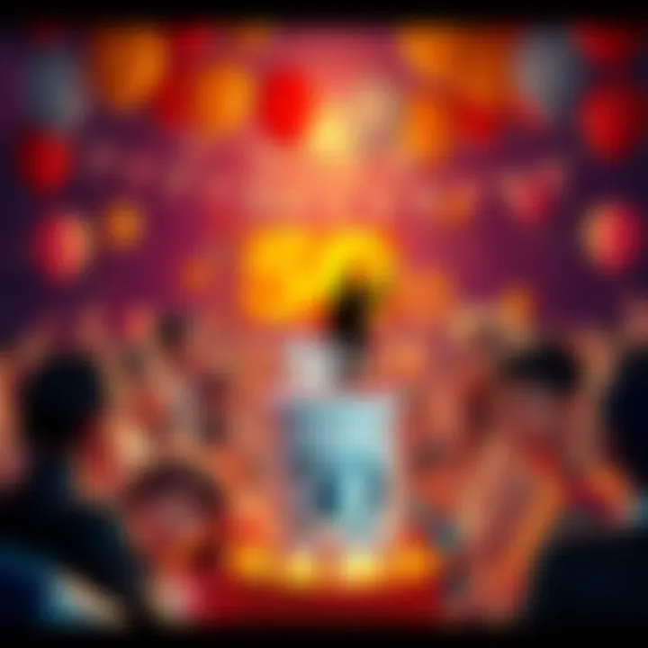 Celebrating a Legendary Figure A vibrant celebration with people gathered around a cake featuring a silhouette of a legendary figure, balloons, and banners for a 50th anniversary party.