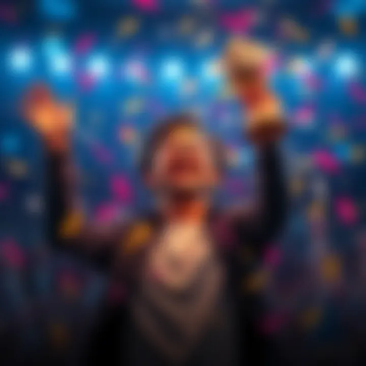 A person joyfully celebrating reaching level 5 with a trophy in hand, surrounded by confetti.