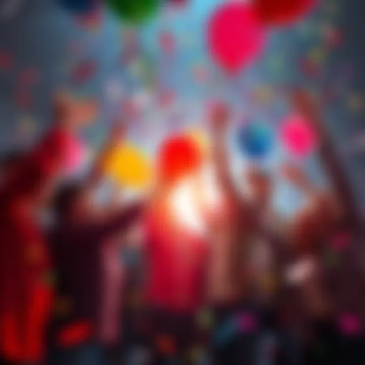 A group of people celebrating with confetti and balloons at a halfway point in a project, showing enthusiasm and teamwork.