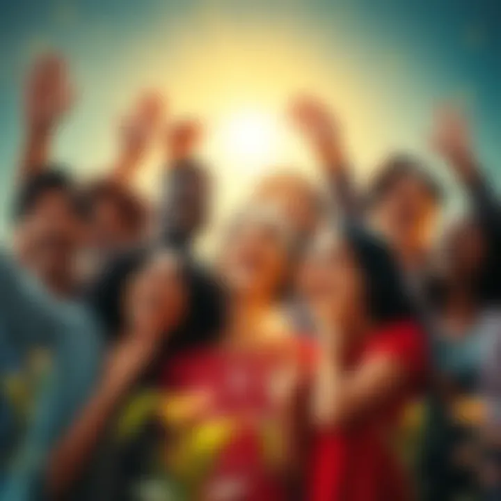 A group of diverse people expressing gratitude and joy, surrounded by symbols of growth like plants and stars, symbolizing a bright future.