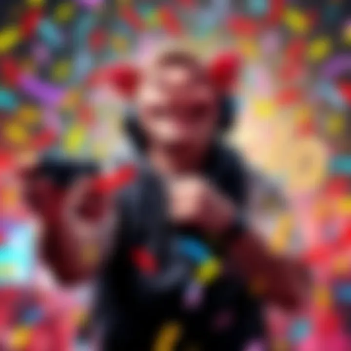 A gamer smiling while holding a controller, celebrating their achievement of reaching Pig Level P100, with colorful confetti in the background