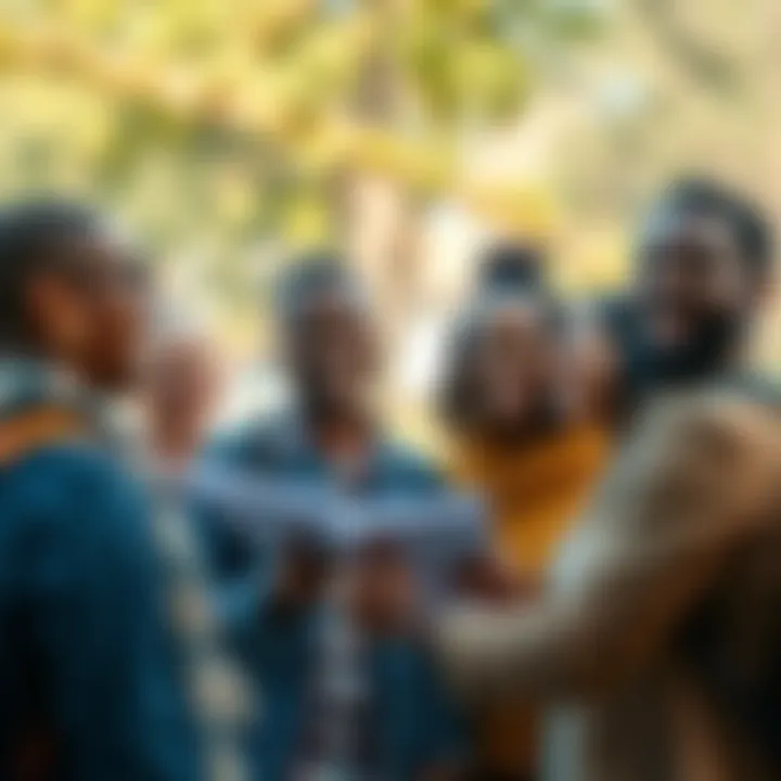 A group of diverse people smiling and sharing positive news in a park setting