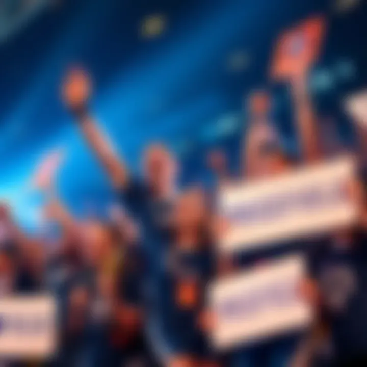 A group of enthusiastic fans wearing Pricefield merchandise, cheering and holding signs in a joyful celebration.