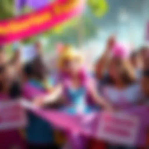 A vibrant celebration scene featuring Princess Fairypants, surrounded by community members holding banners and smiling, showcasing joy and unity.