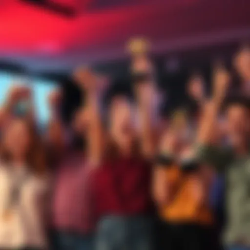 A group of happy people cheering and holding trophies, symbolizing achievement and community joy.
