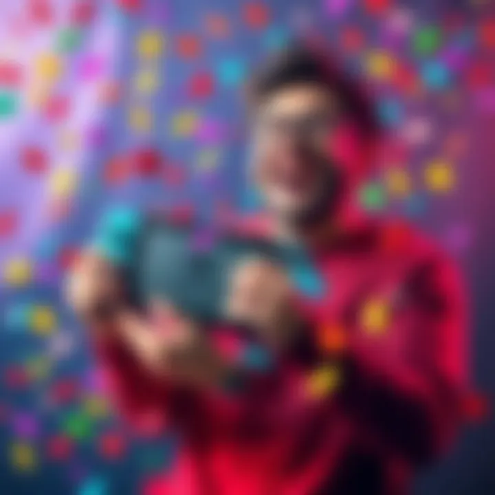 A happy gamer holding the new Switch 2 console, surrounded by colorful game icons and confetti, showing excitement for the new release.