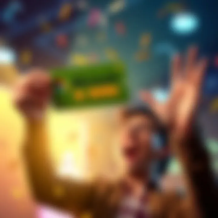 A person excitedly holds up a winning scratch card from Microsoft Rewards, showing their joy and surprise.