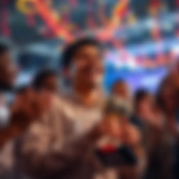 A person smiling joyfully while holding a trophy or award, surrounded by friends cheering and clapping, indicating a moment of success and happiness.