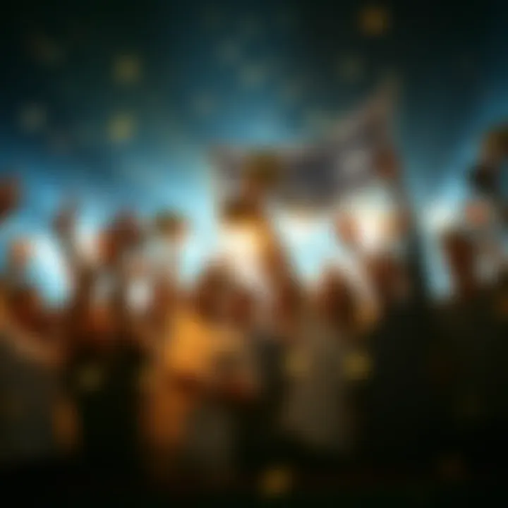 A group of people celebrating with cheers and smiles, holding trophies and banners in a joyous atmosphere