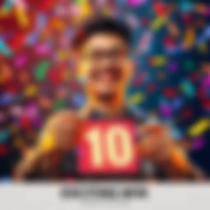 A person excitedly showing off a digital display of 10 UC with a big smile, surrounded by colorful confetti.