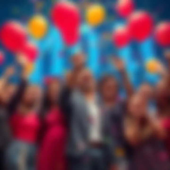 A group of diverse people celebrating together with confetti and balloons, symbolizing success and achievement, in a festive atmosphere.