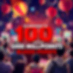 Celebration of 100 Million Blood Points A vibrant scene showcasing community members excitedly discussing their plans to spend 100 million blood points, with colorful graphics of prizes and upgrades in the background.